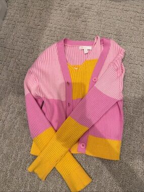 GB girls Pink & Yellow Colorblock Ribbed Cardigan